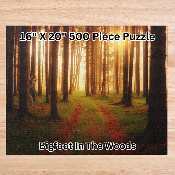 Bigfoot Puzzle, 500 Piece Jigsaw Puzzle, Cryptid Gift, Sasquatch in the Forest, Unique Family Jigsaw Puzzle, 16X20 inch, Sunset In The Woods