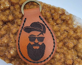 Leather Keychain, Bearded Man, ZRO FKS GVN, Custom Gift