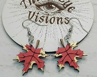 Maple Leaf, Gold and Red, Dangle Fall Earrings