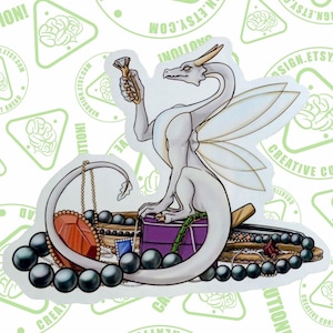 May include: A white dragon with translucent wings sits on a pile of treasure. The treasure includes a large red gemstone, a purple box, a gold chain, and black pearls. The dragon is holding a diamond in its right claw.
