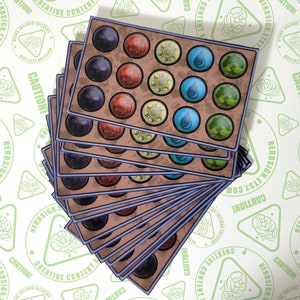 May include: A stack of 10 brown cards with a purple border. Each card has a grid of 5 rows and 4 columns. Each cell in the grid contains a different colored circle. The circles are black, red, yellow, blue, and green.