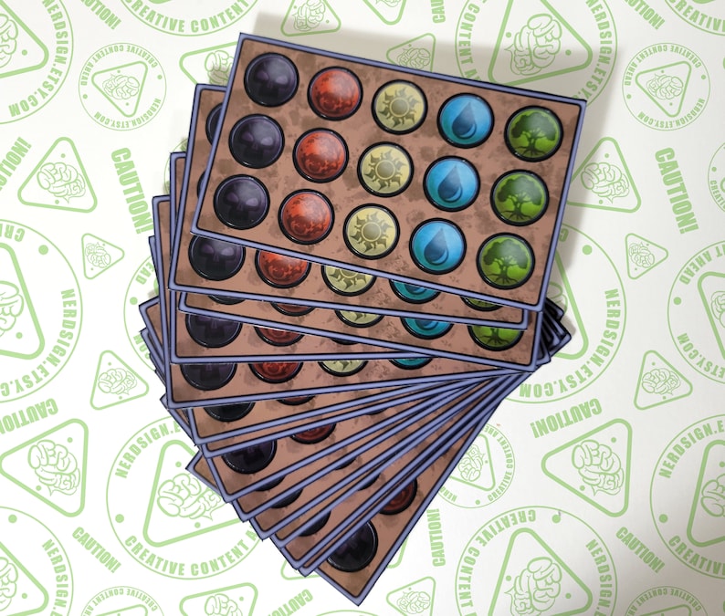 May include: A stack of 10 brown cards with a purple border. Each card has a grid of 5 rows and 4 columns. Each cell in the grid contains a different colored circle. The circles are black, red, yellow, blue, and green.