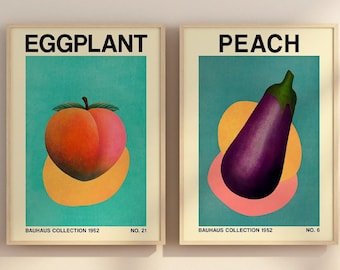 CHAOS EDITION Retro Peach / Eggplant Vegetable Art Posters — Bauhaus Inspired Set of 2 — Printable Botanical Art —