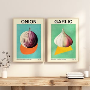 2 Retro Garlic / Onion Vegetable Art Posters, Bauhaus Inspired Set of 2 — Printable Botanical Art —