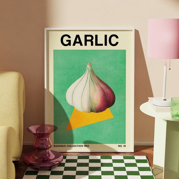 Garlic Vegetable Print, Printable Bauhaus-Inspired Botanical Art, Midcentury Modern Decor, Retro Vegan and Vegetarian Posters