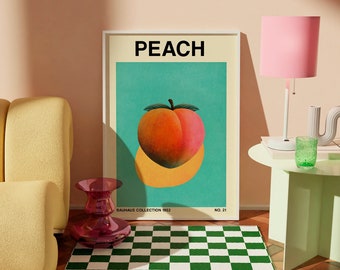 Minimalist Peach Fruit Poster, Retro Printable, Bauhaus-Inspired, Mid-Century Modern, Kitchen Wall Decor