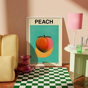 Minimalist Peach Fruit Poster, Retro Printable, Bauhaus-Inspired, Mid-Century Modern, Kitchen Wall Decor