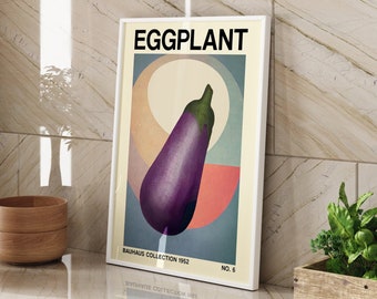 May include: A vintage poster with a geometric design featuring a purple eggplant on a blue and orange background. The poster is titled "EGGPLANT" and is part of the "Bauhaus Collection 1952".