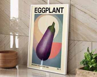 Retro Aubergine Poster, Küche druckbar, Bauhaus-inspirierte pflanzliche botanische Kunst, Midcentury Modern Dekor, vegane und vegetarische Drucke