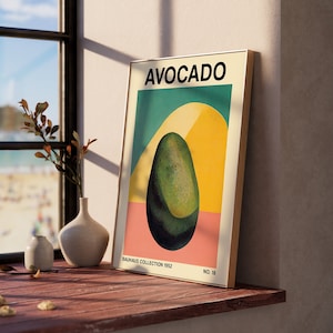 Impresión de aguacate, arte botánico inspirado en la Bauhaus vegetal, decoración moderna de mediados de siglo, carteles veganos y vegetarianos