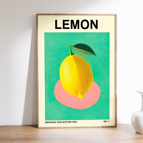 Minimalist Lemon Fruit Poster, Retro Printable, Bauhaus-Inspired, Mid-Century Modern, Kitchen Wall Decor