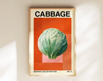 Retro Cabbage Vegetable Print, Printable Botanical Art, Midcentury Modern Decor, Vegan and Vegetarian Posters
