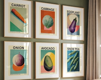 6 Retro Vegetable Art Posters, Bauhaus Inspired Gallery Set, Botanical Printables — Carrot, Eggplant, Cabbage, Onion, Avocado, Snow Pea