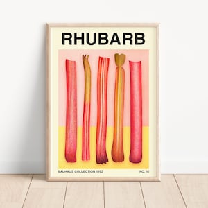 Cartel minimalista de fruta de ruibarbo, imprimible retro rosa, inspirado en Barbie y Bauhaus, moderno de mediados de siglo, decoración de pared de cocina de niña suave