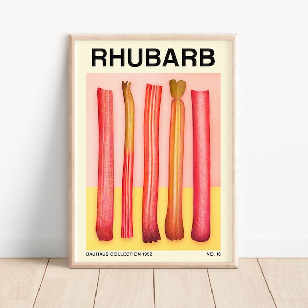 Affiche minimaliste de fruits de rhubarbe, rose rétro imprimable, inspiré de Barbie et du Bauhaus, moderne du milieu du siècle, décoration murale de cuisine Soft Girl