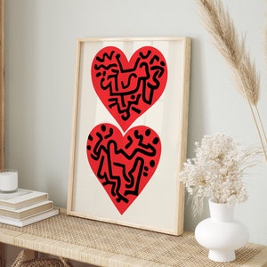 Keith Haring-Inspired Heart Wall Art, Colorful Modern Art Poster, Pink Exhibition Print, Famous Artist Print, Gallery Wall Home Decor
