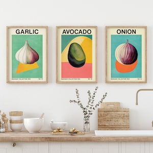 3 Retro Vegetable Art Posters, Bauhaus Inspired Gallery Set Printables, Botanical Art — Onion, Avocado, Garlic