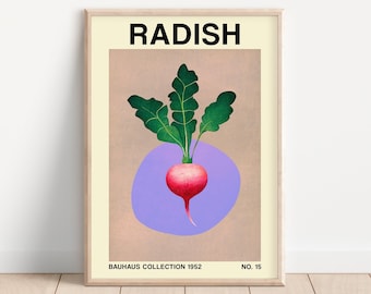 大根野菜プリント、バウハウス風の印刷可能な植物アート、ミッドセンチュリーモダンインテリア、レトロなビーガンとベジタリアンのポスター