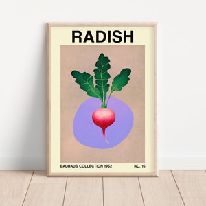Radish Vegetable Print, Printable Bauhaus-Inspired Botanical Art, Midcentury Modern Decor, Retro Vegan and Vegetarian Posters