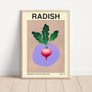 Radish Vegetable Print, Printable Bauhaus-Inspired Botanical Art, Midcentury Modern Decor, Retro Vegan and Vegetarian Posters