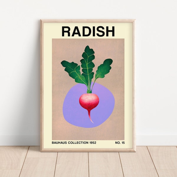 Radijsgroenteprint, afdrukbare Bauhaus-geïnspireerde botanische kunst, Midcentury Modern Decor, Retro veganistische en vegetarische posters
