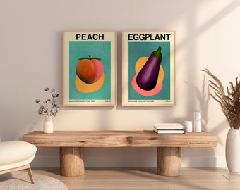 ミニマリスト ピーチ / ナス ポスター、レトロ プリント可能、バウハウス風、ミッドセンチュリー モダン、キッチン壁装飾、2 枚セット