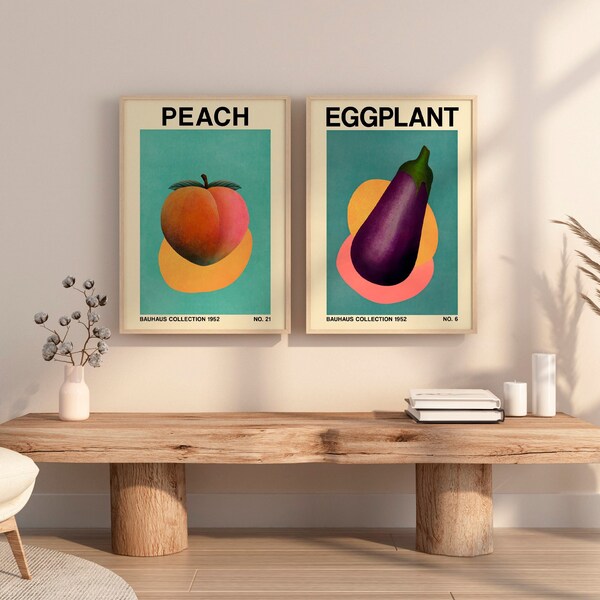 Affiches minimalistes de pêche / aubergine, rétro imprimable, d'inspiration Bauhaus, moderne du milieu du siècle, décoration murale de cuisine, ensemble de 2