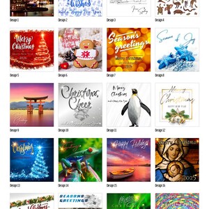 Puede incluir: Una colección de tarjetas de Navidad con varios diseños. Los diseños incluyen un paisaje urbano nocturno, texto estilizado, un hombre de jengibre, un pingüino y un coche clásico. Cada tarjeta tiene un tema festivo único.