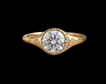 Round Moissanite Sun & Moon Ring, Celestial Engagement Band, Gold Starburst Wedding Jewelry