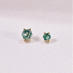 14K Solid Gold Hexagon Moss Agate Stud Earring Threadless Push Pin Stud Hexagon Cartilage Helix Stud Conch Earring Flat Back Earring.