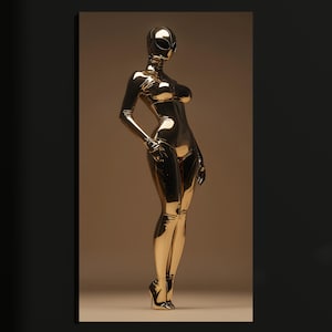 Puede incluir: Una figura dorada y futurista con una superficie lisa y reflectante. La figura está posando de pie, con una mano en la cadera. Lleva un traje ajustado y tacones altos. El fondo es de un color neutro.
