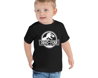 Camiseta de cumpleaños Dino-Four, fiesta de cumpleaños jurásica de 4 años, camiseta de algodón para niños pequeños