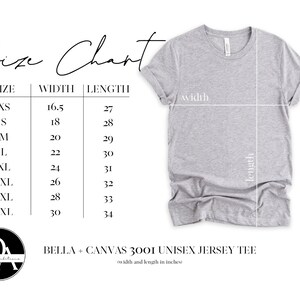 May include: Size chart for a Bella + Canvas 3001 unisex jersey tee. The chart shows the width and length in inches for sizes XS through 4XL.