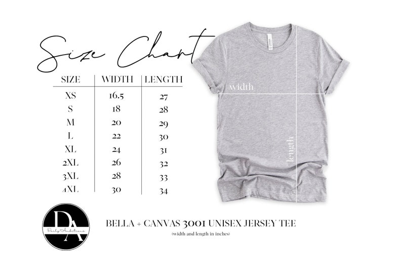 May include: Size chart for a Bella + Canvas 3001 unisex jersey tee. The chart shows the width and length in inches for sizes XS through 4XL.