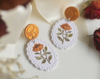 Handcrafted Cameo Style Floral Polymer Clay Earrings Green & Gold (4.9cm), victorian-inspired regencycore light academia fairytale artisan