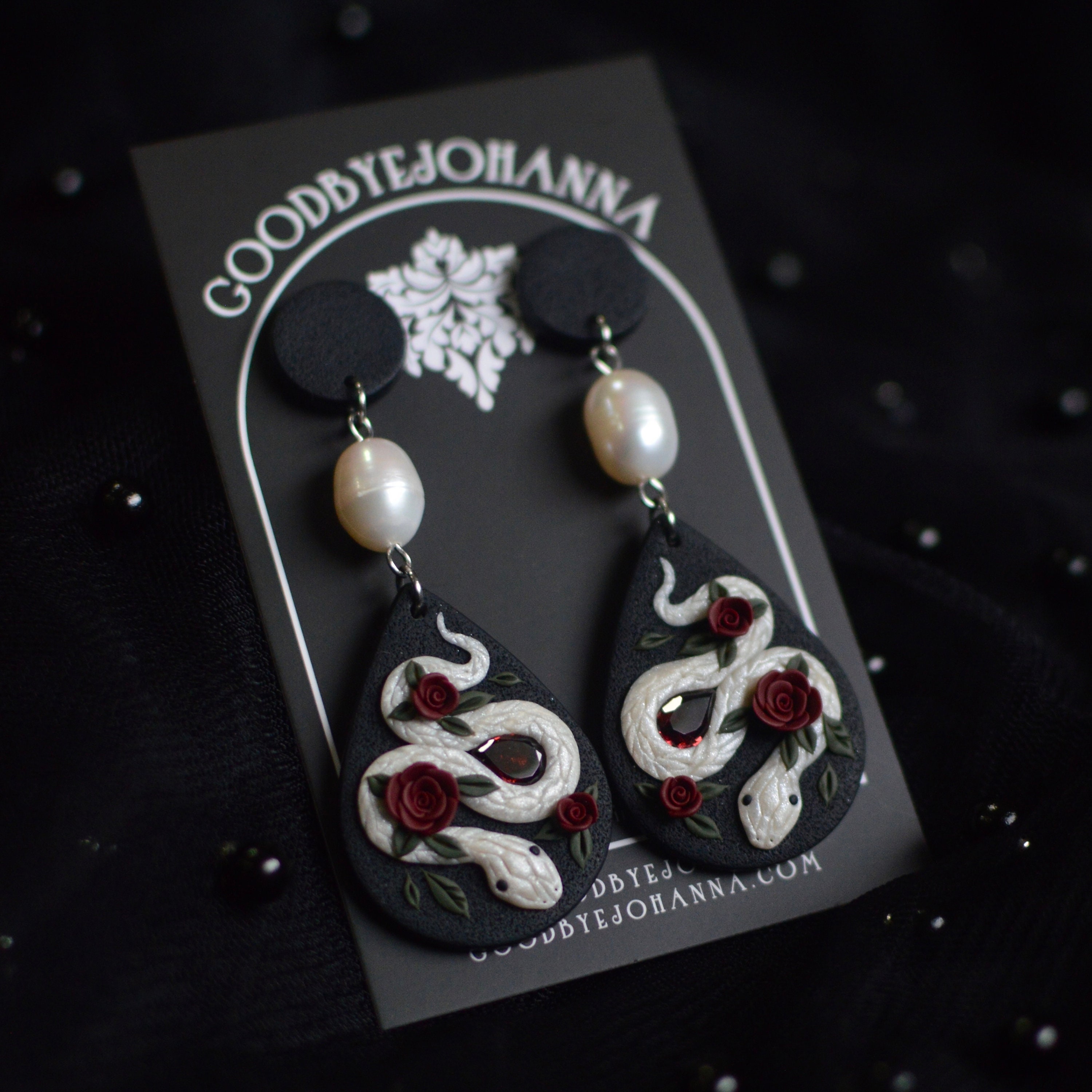Gothic Rose & Garnet Snake Polymer Clay Handcrafted Earrings with Freshwater Pearls (6.7cm) dark romantic red statement jewellery reputation