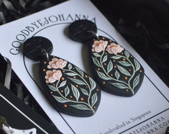 Classic Black & Pink Handcrafted Floral Earrings (4.8cm) Polymer Clay dark vintage style handcrafted gift romantigoth folklore whimsigoth