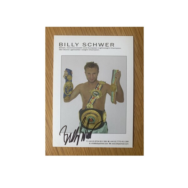 Photo de boxe signée par Billy Schwer, champion IBO des poids mi-moyens légers avec COA, membre de l'AFTAL