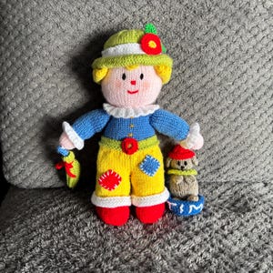 Stunning Hand Knitted Colourful Soft Toy Doll with Small Dog and Basket