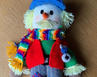 Handgestrickte Opa Vogelscheuche Puppe, lebendige Farben