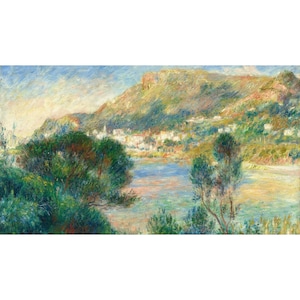 May include: Impressionistic landscape painting depicting a coastal scene. The artwork features a body of water, lush green trees, and a mountain range in the background. The color palette includes blues, greens, and yellows.
