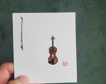 Violin and bow - Original watercolor art, mini painting, tiny painting, mini art, mini gift, small gift, mini gift card, home decor