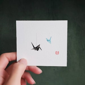 Origami Kranich - Original Aquarell Kunst, Mini Malerei, Mini Kunst, Mini Geschenk, mini Geschenkkarte, Wohndeko