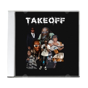 Puede incluir: Una caja de CD negra con un collage de fotos de hombres con gafas de sol y sombreros. El texto "TAKEOFF" está impreso en blanco en la parte delantera de la caja.