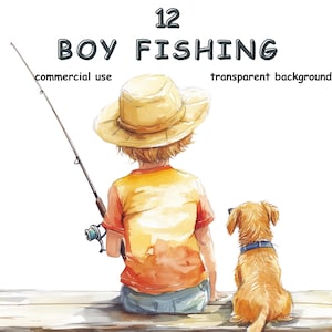 Clipart MENINO PESCA, 12 Imagens em aquarela de crianças de desenho animado pescando, Fundo transparente, Uso comercial, Projetos de artesanato para fazer cartões