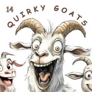 Clipart Quirky Goat, 14 immagini PNG di capre dei cartoni animati, animali da cortile, sfondo trasparente, creazione di biglietti, design di magliette, uso commerciale.