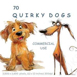 Paquete de imágenes prediseñadas de perros extravagantes, 70 imágenes PNG en acuarela de perros de dibujos animados, perritos desaliñados, cachorros locos, fondo transparente, uso comercial.