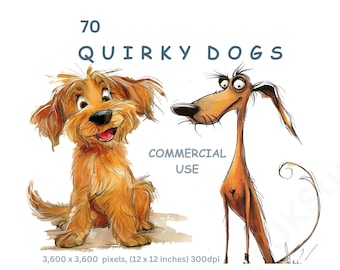 Peut inclure: Deux chiens de dessin animé, l'un brun et l'autre beige, sont dessinés dans un style fantaisiste. Le chien brun est assis, la bouche ouverte et la langue tirée. Le chien beige est debout, la tête inclinée sur le côté. Le texte "70 QUIRKY DOGS" est écrit au-dessus des chiens. Le texte "COMMERCIAL USE" est écrit en dessous des chiens. L'image est de 3 600 x 3 600 pixels, soit 12 x 12 pouces à 300 dpi.