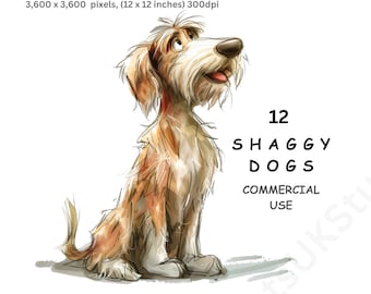 Clipart Shaggy Dogs, 12 PNG Watercolour Images of Cartoon Hounds, Scruffy Doggies, Crazy Pups, Transparent Background, Commercial Use.
