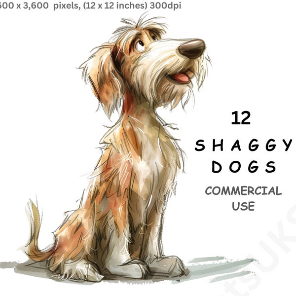 Clipart Shaggy Dogs, 12 PNG Watercolour Images of Cartoon Hounds, Scruffy Doggies, Crazy Pups, Transparent Background, Commercial Use.